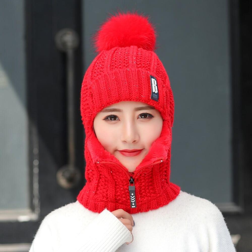 Winter Outdoor Winddicht Wollstrickmütze  für Frauen, Winddichte Bommelmütze mit Schlauchschal