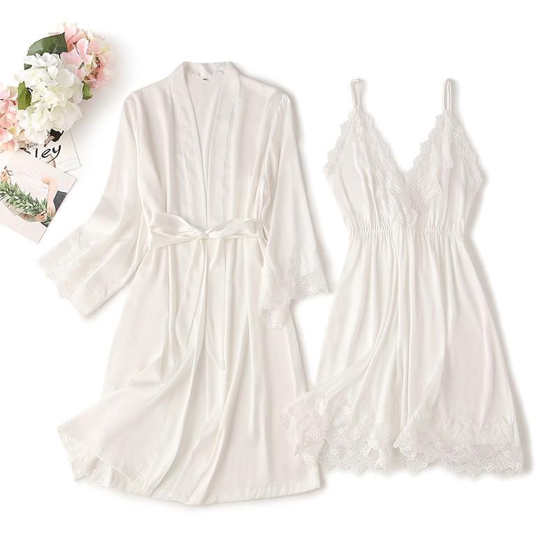 Spitzenbesatz Sexy Hochzeitsdame  Robe -Anzug, Kimono Bademantel Kleid für Mini Nachtwäsche & Intime Dessous