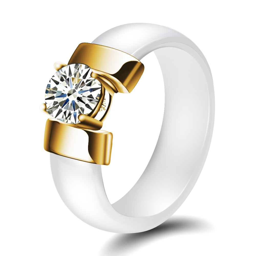 6mm Weiß Schwarz Keramik Ringe Plus Cubic Zirkonia für Frauen, Gold Farbe Edelstahl, Frauen Hochzeit Ring Verlobungsschmuck