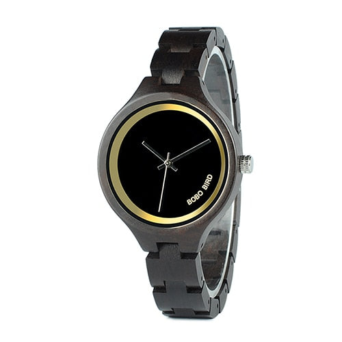 BOBO BIRD P16 Einfache Frauen hölzerne Uhren, Klassisches schwarzes Zifferblatt Damen Quarz Kleid Uhr in hölzernen Box