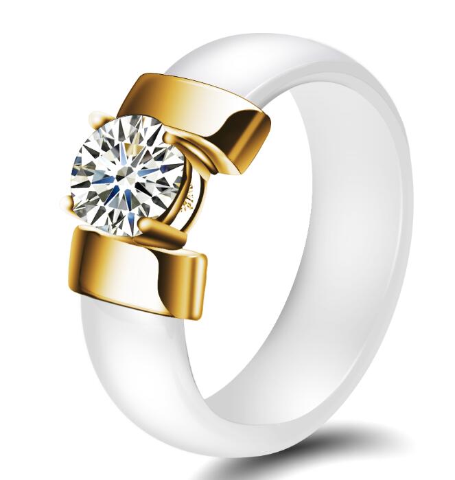 6mm Weiß Schwarz Keramik Ringe Plus Cubic Zirkonia für Frauen, Gold Farbe Edelstahl, Frauen Hochzeit Ring Verlobungsschmuck