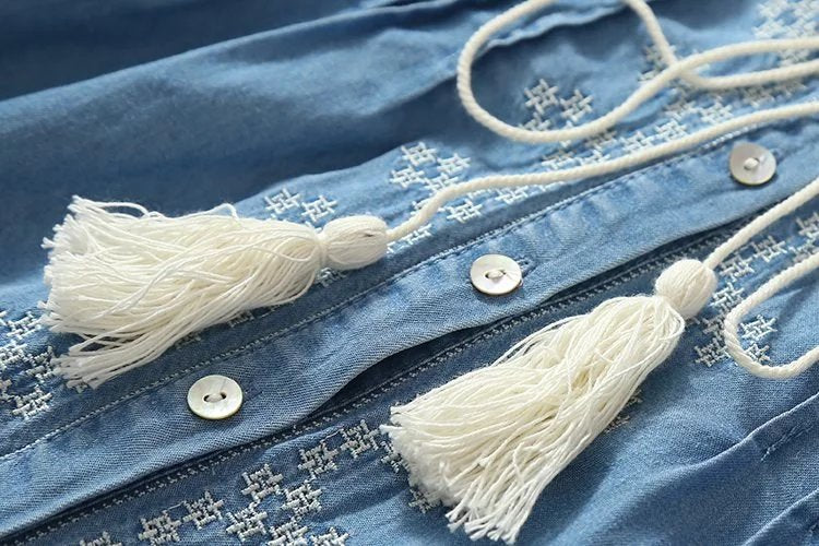 Ethnische Stickerei Denim Kleider für Frauen, Handgelenk Hülse O-ansatz Casual Hemd Kleid für den Frühling