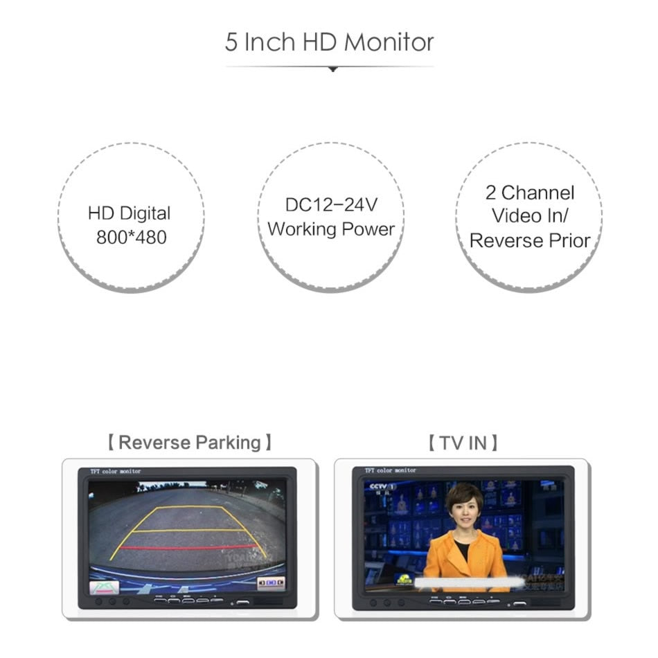 Auto LKW Bus 5 Zoll 12V 24V HD LED Stand Monitor Bildschirm mit Rückansicht, Rückfahrkamera, Parken Kit Combo Home CCTV