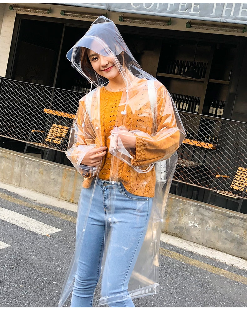 Super transparenter Regenmantel für Damenmode, Wasserdichter Umweltschutz-Regenmantel, wiederverwendbar mit Kapuze und Kordelzug