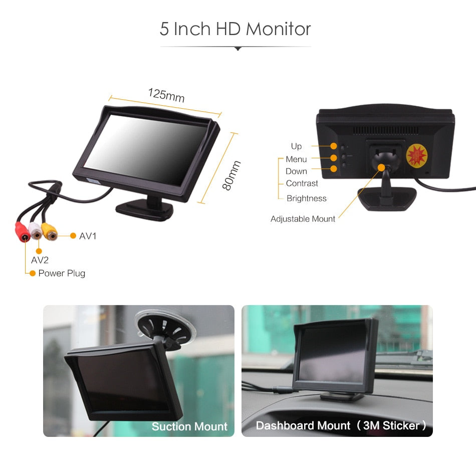 Auto LKW Bus 5 Zoll 12V 24V HD LED Stand Monitor Bildschirm mit Rückansicht, Rückfahrkamera, Parken Kit Combo Home CCTV