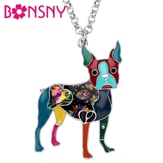 Bonsny Emaillelegierung, Kristall Strass Boston Terrier, Hund Halskette Anhänger