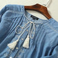 Ethnische Stickerei Denim Kleider für Frauen, Handgelenk Hülse O-ansatz Casual Hemd Kleid für den Frühling