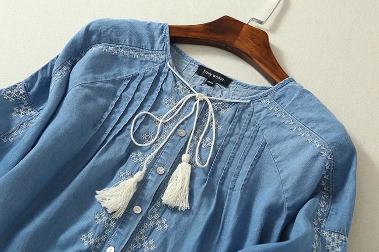 Ethnische Stickerei Denim Kleider für Frauen, Handgelenk Hülse O-ansatz Casual Hemd Kleid für den Frühling