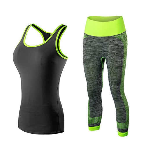 Damen Sport Running Cropped Top, 3/4 Leggings Gym Trainning Set