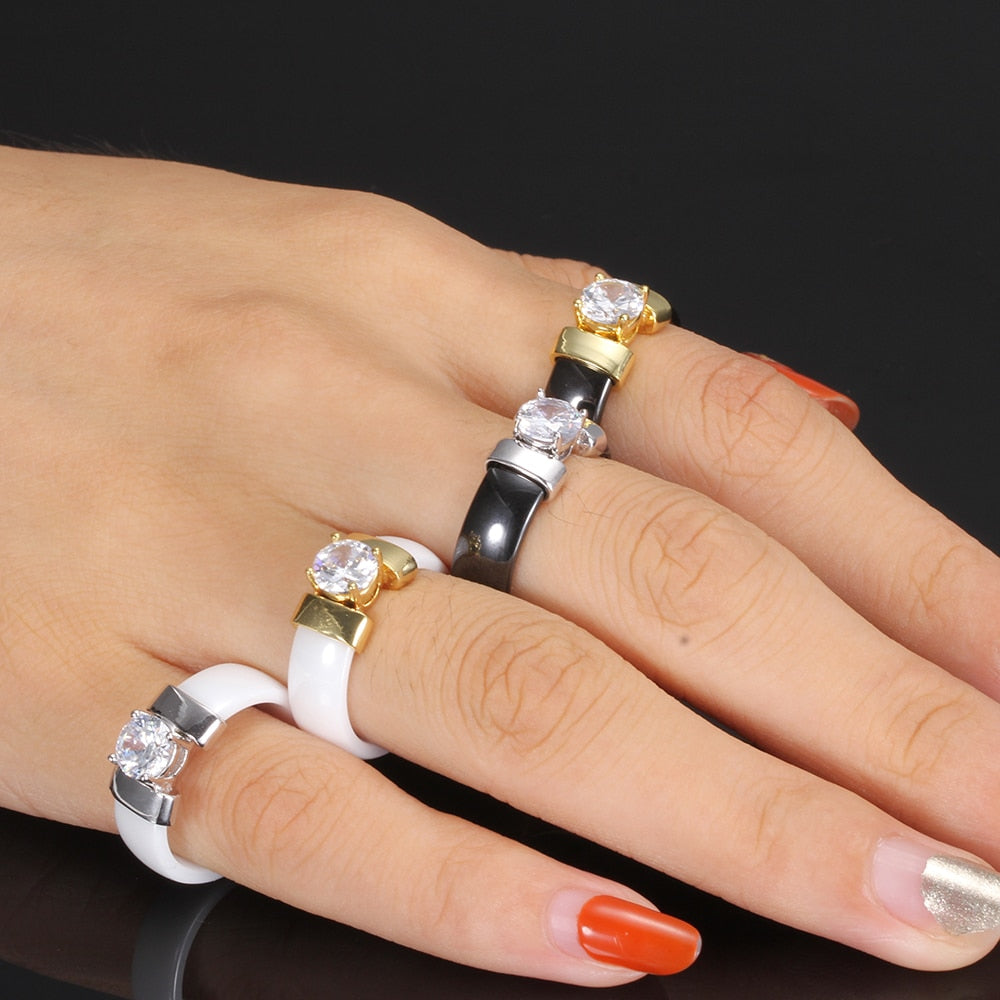 6mm Weiß Schwarz Keramik Ringe Plus Cubic Zirkonia für Frauen, Gold Farbe Edelstahl, Frauen Hochzeit Ring Verlobungsschmuck