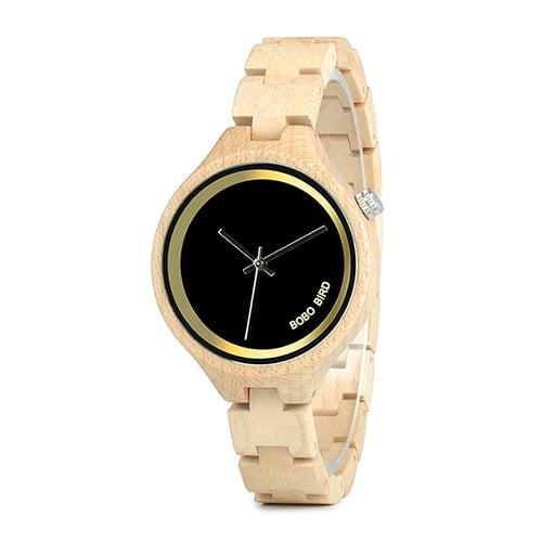 BOBO BIRD P16 Einfache Frauen hölzerne Uhren, Klassisches schwarzes Zifferblatt Damen Quarz Kleid Uhr in hölzernen Box