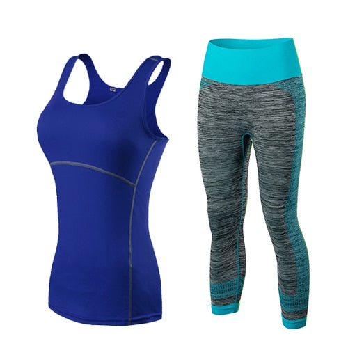 Damen Sport Running Cropped Top, 3/4 Leggings Gym Trainning Set