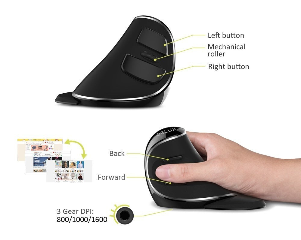 Delux M618 Plus Ergonomische vertikale kabellose Maus, 1600 DPI, 6 Funktionstasten, optische Mäuse mit abnehmbarer Handballenauflage für Computer
