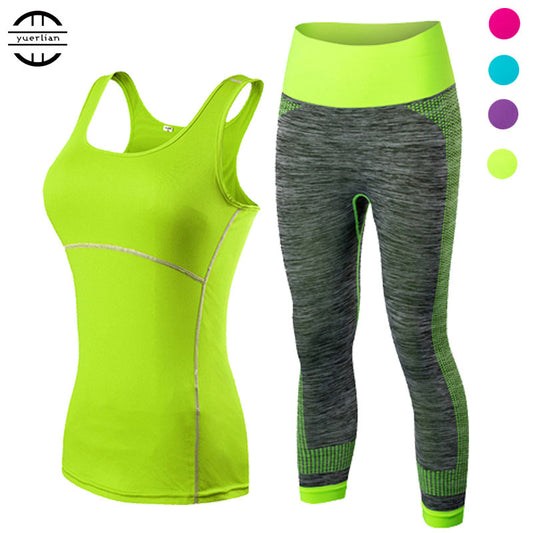 Damen Sport Running Cropped Top, 3/4 Leggings Gym Trainning Set