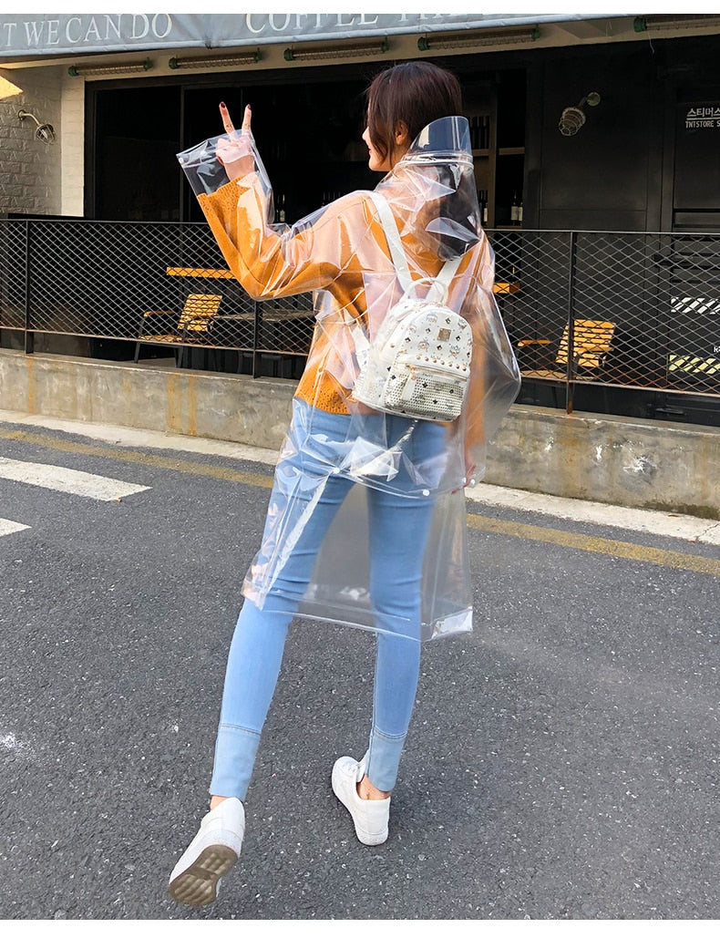 Super transparenter Regenmantel für Damenmode, Wasserdichter Umweltschutz-Regenmantel, wiederverwendbar mit Kapuze und Kordelzug