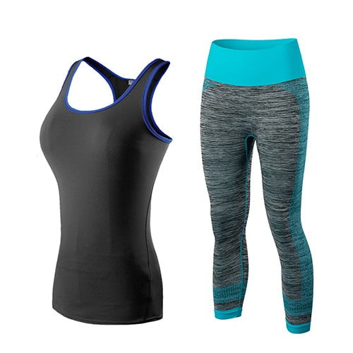 Damen Sport Running Cropped Top, 3/4 Leggings Gym Trainning Set