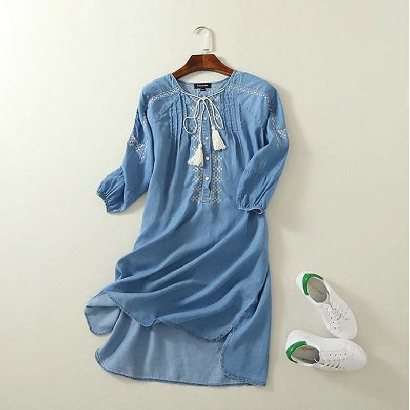 Ethnische Stickerei Denim Kleider für Frauen, Handgelenk Hülse O-ansatz Casual Hemd Kleid für den Frühling