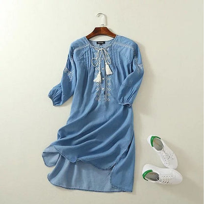 Ethnische Stickerei Denim Kleider für Frauen, Handgelenk Hülse O-ansatz Casual Hemd Kleid für den Frühling
