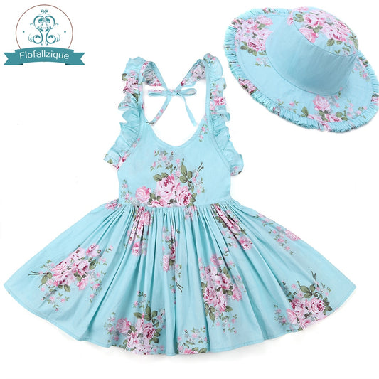 Baby Mädchen Kleid mit Hut und Blumendruck, Partykleid