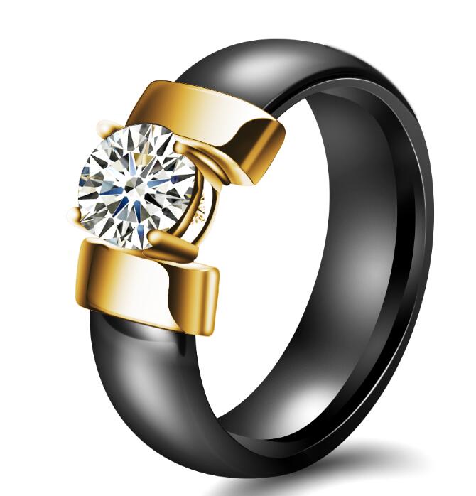 6mm Weiß Schwarz Keramik Ringe Plus Cubic Zirkonia für Frauen, Gold Farbe Edelstahl, Frauen Hochzeit Ring Verlobungsschmuck