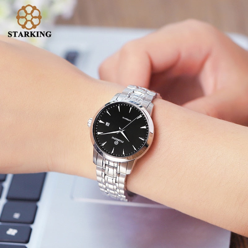 StarKing Klassische Frauen, Einfache Uhr Automatisch aus Edelstahl, Weißes Zifferblatt Armbanduhr, Auto Datum Damen Mechanisch Relogio Feminino