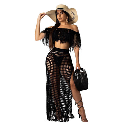 Sexy Gestricktes Damen Zweiteiliges-Slash Neck Cover Ups Set, Schlitz-Quastenrock, Ausgehöhlter Strand-Häkelanzug