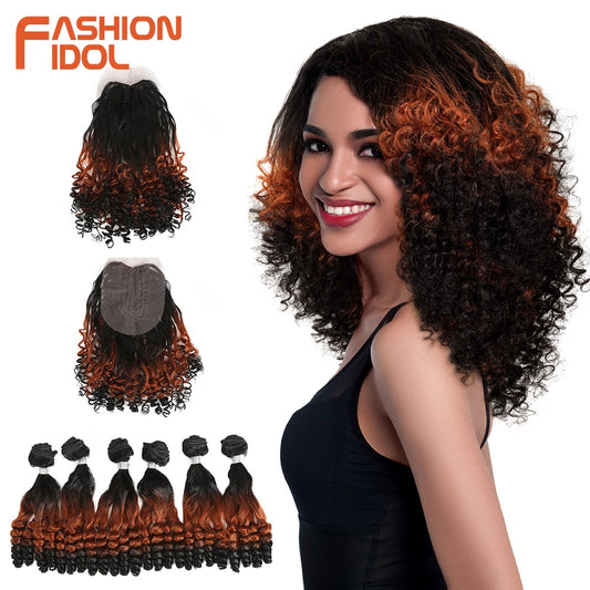 FASHION IDOL Afro Kinky Curly Hair Bundles 14 Zoll 7Stück/Los, Obere Gerade Untere Biegung Synthetische Haarspitze Mit Verschluss Faser