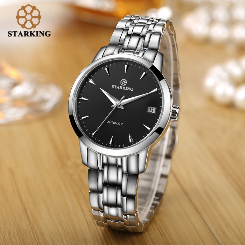 StarKing Klassische Frauen, Einfache Uhr Automatisch aus Edelstahl, Weißes Zifferblatt Armbanduhr, Auto Datum Damen Mechanisch Relogio Feminino