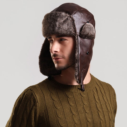 Bombermütze mit Ohrenklappe, Herren-Winter-Kunstleder-Fell, russische Ohrenklappen-Trapper-Mütze, Flieger-Fleece-Beanie für Herren