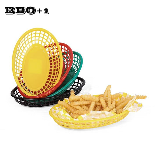 6 Stück Kunststoff Fast Food Korb Hot Dog Servierplatte mit 24 rot karierten Wachseinlagen Hamburger Pommes Frites, Papier Restaurant Tablett