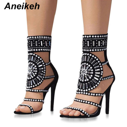 Frauen Mode Offene Zehe Strass Design, High Heel Kristall Knöchel, Diamant Gladiator Schwarz Größe 35-42