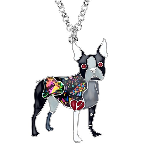 Bonsny Emaillelegierung, Kristall Strass Boston Terrier, Hund Halskette Anhänger