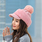 Warmer Hals Strickmütze Pelz Pompoms, Maske Wintermütze für Damen, Wolle Strickmütze