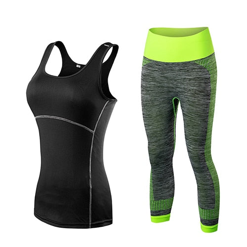 Damen Sport Running Cropped Top, 3/4 Leggings Gym Trainning Set