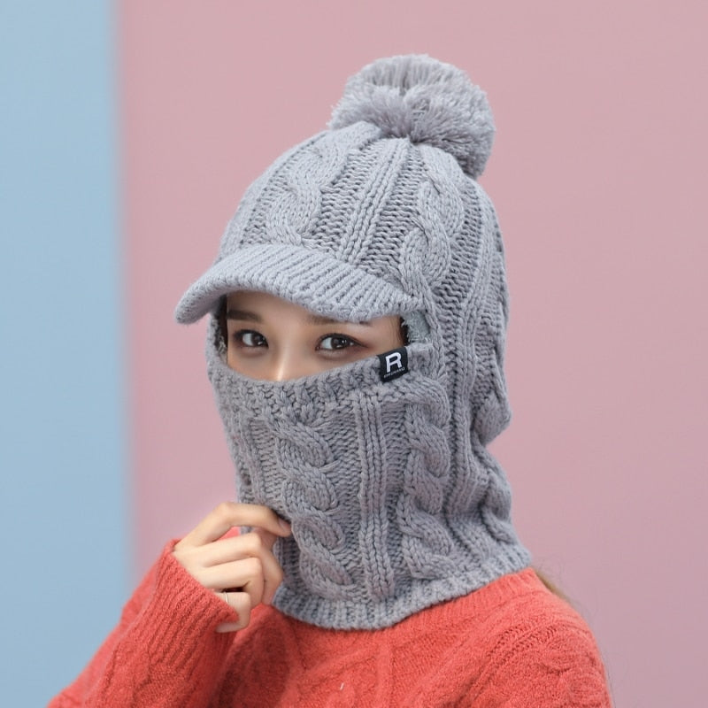 Warmer Hals Strickmütze Pelz Pompoms, Maske Wintermütze für Damen, Wolle Strickmütze