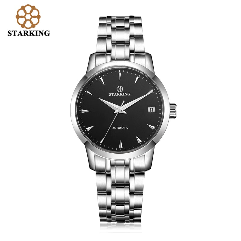 StarKing Klassische Frauen, Einfache Uhr Automatisch aus Edelstahl, Weißes Zifferblatt Armbanduhr, Auto Datum Damen Mechanisch Relogio Feminino