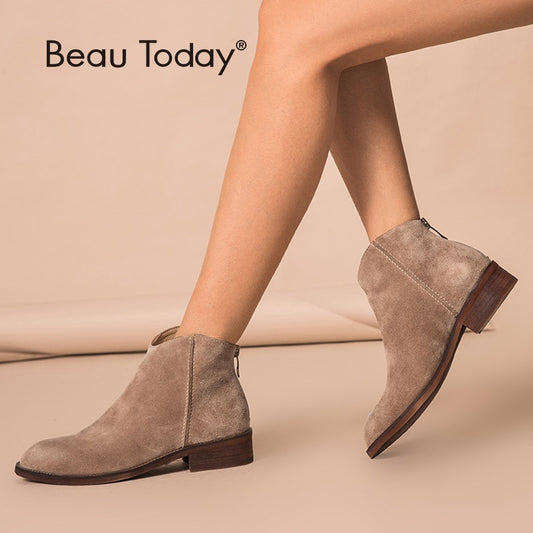 BeauToday Stiefeletten Damen Top Qualität Kuh Wildleder Reißverschluss, Herbst Mode Dame, Echtes Lederschuhe, Handarbeit
