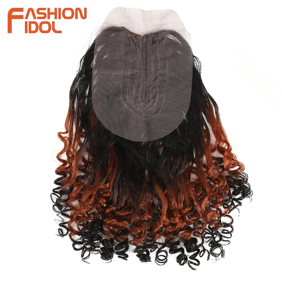 FASHION IDOL Afro Kinky Curly Hair Bundles 14 Zoll 7Stück/Los, Obere Gerade Untere Biegung Synthetische Haarspitze Mit Verschluss Faser