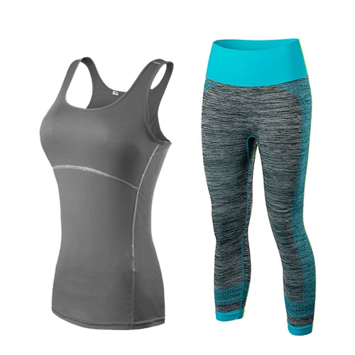 Damen Sport Running Cropped Top, 3/4 Leggings Gym Trainning Set