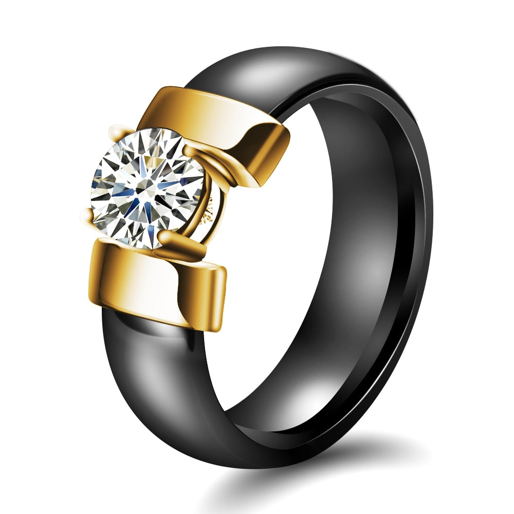 6mm Weiß Schwarz Keramik Ringe Plus Cubic Zirkonia für Frauen, Gold Farbe Edelstahl, Frauen Hochzeit Ring Verlobungsschmuck