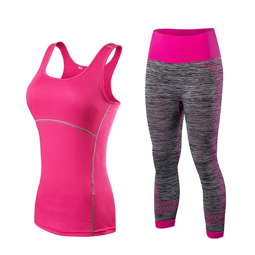 Damen Sport Running Cropped Top, 3/4 Leggings Gym Trainning Set