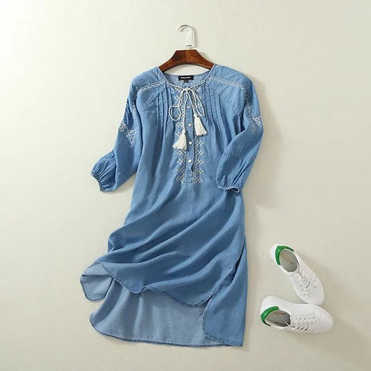 Ethnische Stickerei Denim Kleider für Frauen, Handgelenk Hülse O-ansatz Casual Hemd Kleid für den Frühling