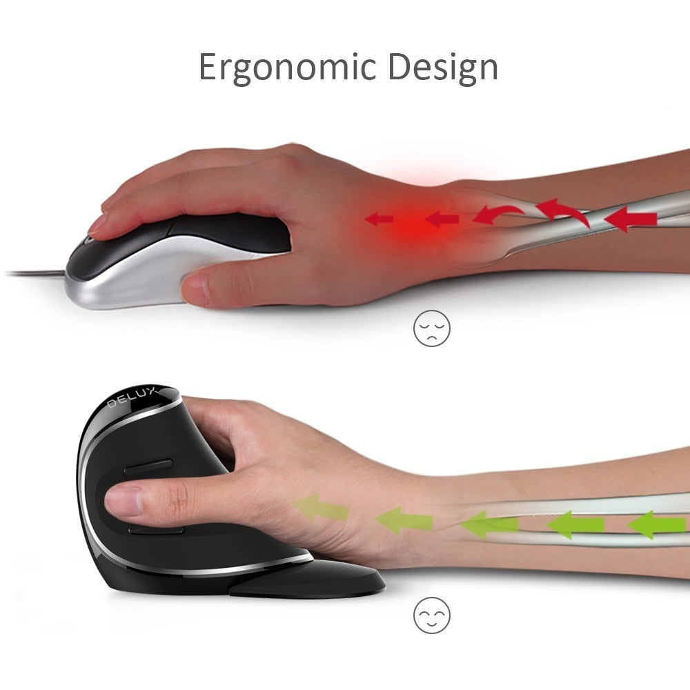 Delux M618 Plus Ergonomische vertikale kabellose Maus, 1600 DPI, 6 Funktionstasten, optische Mäuse mit abnehmbarer Handballenauflage für Computer