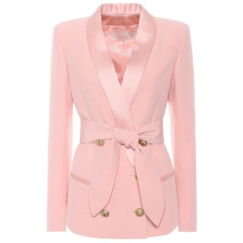 AUSGEZEICHNETE QUALITÄT, stilvoller Karriere-Blazer für Damen, Schalkragen, Löwenknöpfe, Schnürgürtel, Blazer-Jacke