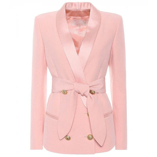 AUSGEZEICHNETE QUALITÄT, stilvoller Karriere-Blazer für Damen, Schalkragen, Löwenknöpfe, Schnürgürtel, Blazer-Jacke