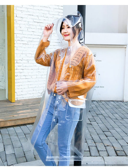 Super transparenter Regenmantel für Damenmode, Wasserdichter Umweltschutz-Regenmantel, wiederverwendbar mit Kapuze und Kordelzug