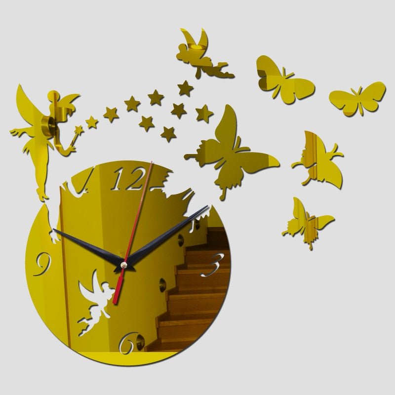 Geometrische wanduhren, spiegel acryl quarz wanduhr mit sterne und schmetterling-Deko