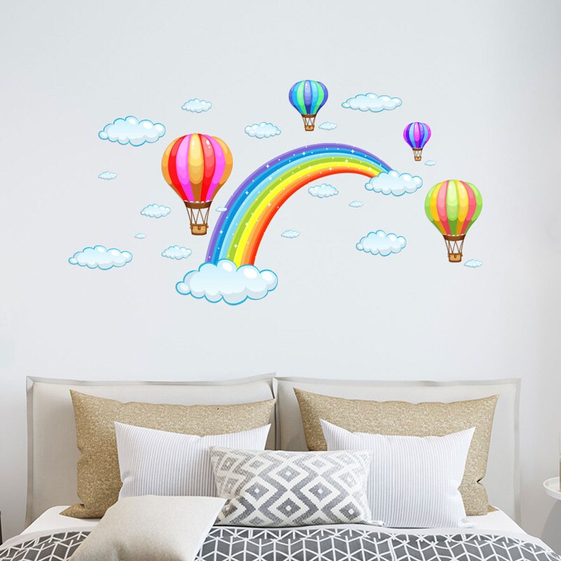 Cartoon Regenbogen Wolke Heißluftballon Wandaufkleber Für Kinder, Babyzimmer Dekoration