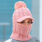 Warmer Hals Strickmütze Pelz Pompoms, Maske Wintermütze für Damen, Wolle Strickmütze