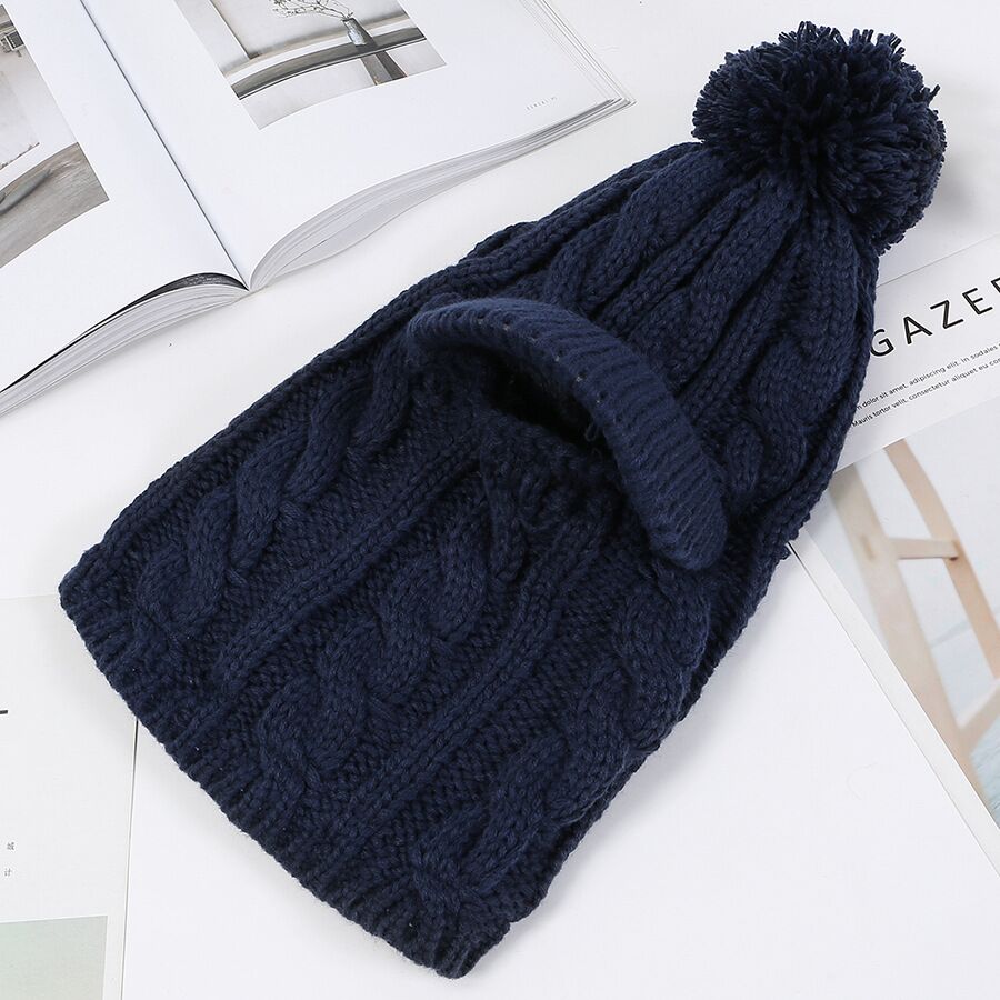 Warmer Hals Strickmütze Pelz Pompoms, Maske Wintermütze für Damen, Wolle Strickmütze